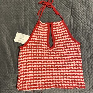 NWOT ZARA LADIES BOHO White Red KNIT SUMMER CROP TOP Small
